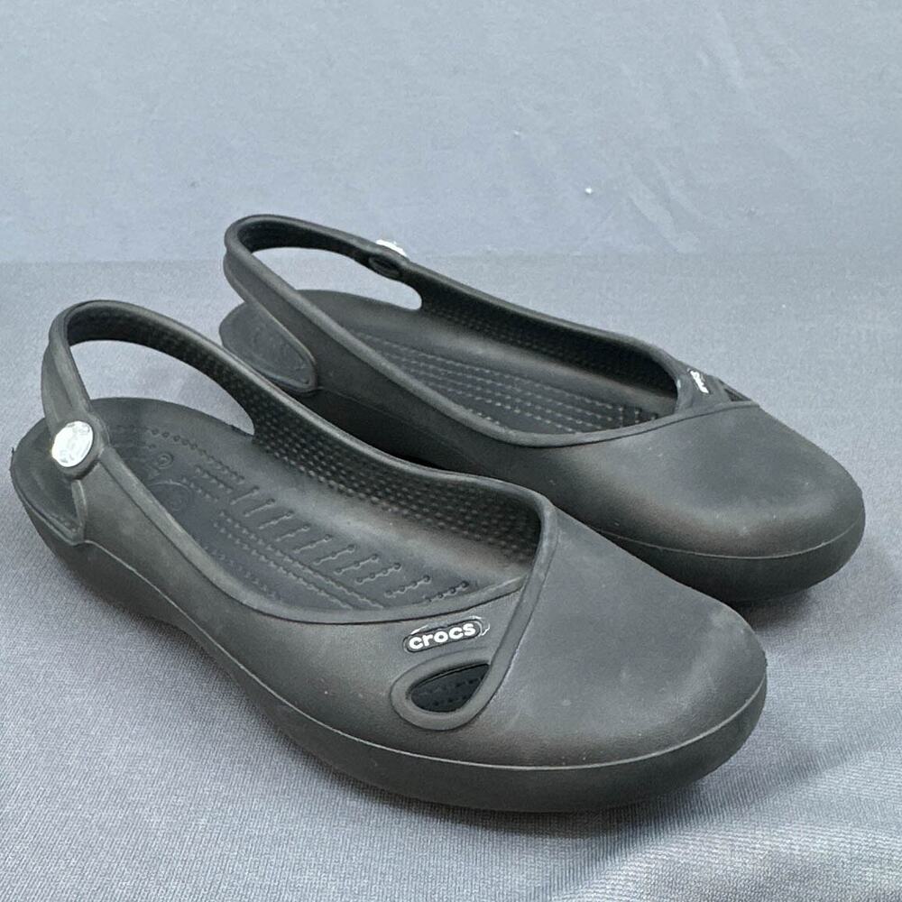 Crocs Olivia Ballet Flat Sz 8 Black Sandal Rhinestone Water Beachy Light Casual